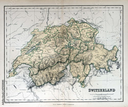 Fotografie, Tablou Old map of Switzerland, 1870. Schweiz, la Suisse