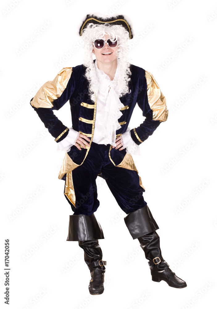 Man in sunglasses and old costume with wig. Isolated. Man in sunglasses and old costume with wig. Isolated.