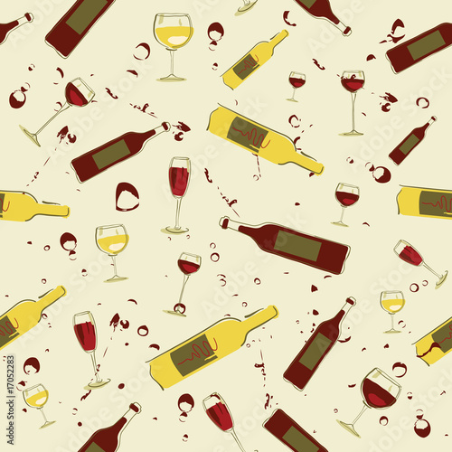 Seamless background wine bottles and glass of wine.