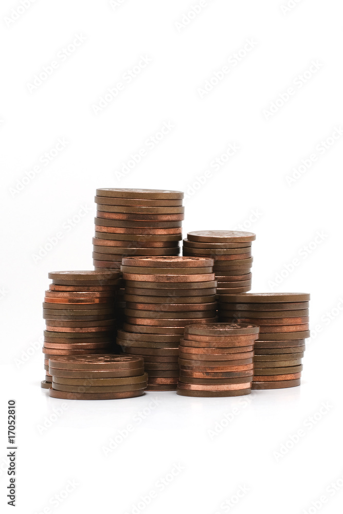 Stacks of copper coins isolated on white Stacks of copper coins isolated on white