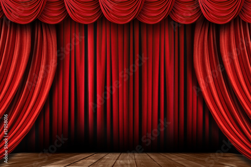 Bright Red Stage Drapes With Many Swags