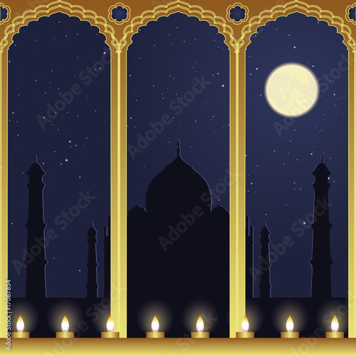 Night view of Taj Mahal by candlelight.