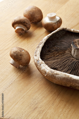 Cremini and Portobello Mushrooms on Wood Surface