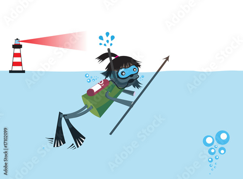 Obraz na plátně diver cartoon with lighthouse