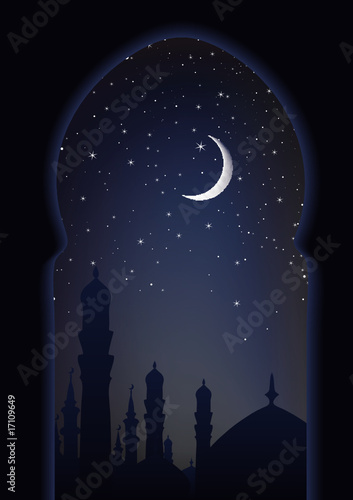 Arab doorway view islamic skyline.