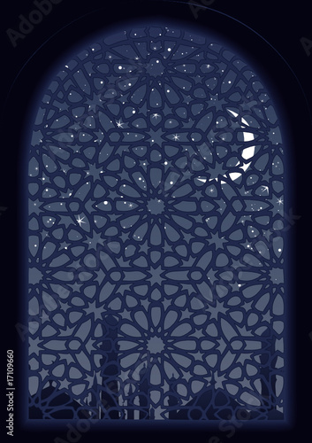Classic arab window view at midnight.