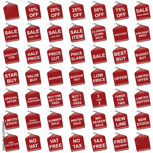 Various red retail pricing sale and offer tags