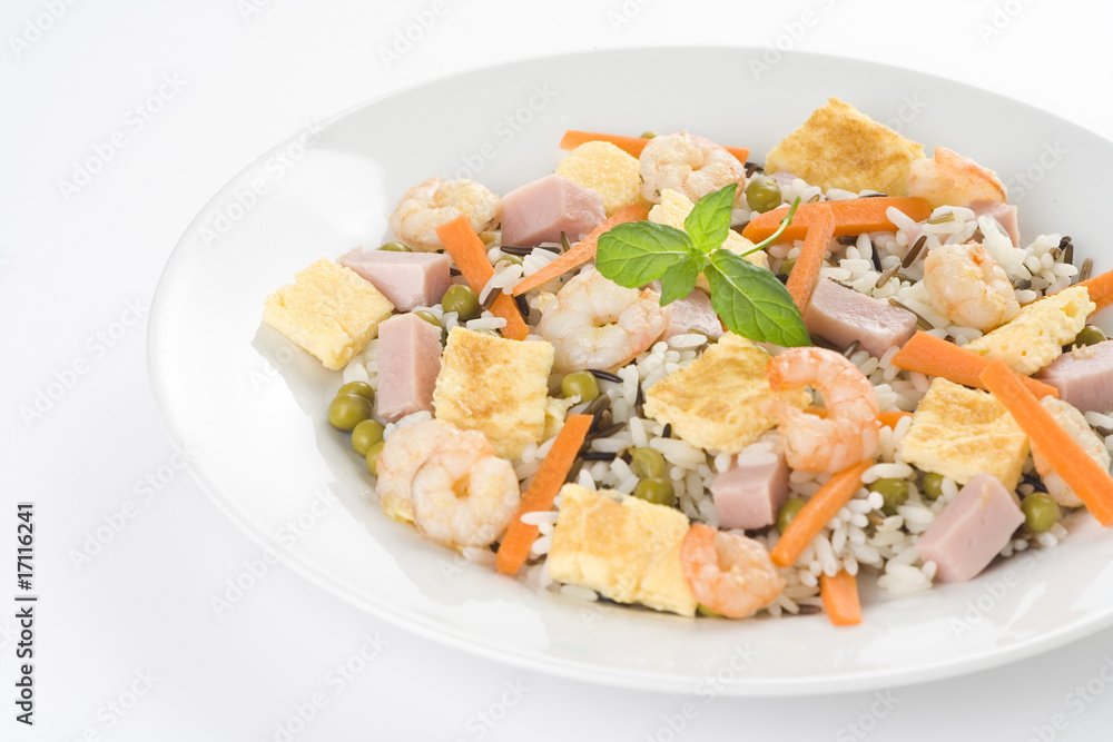 Plate of shrimp fried rice peas ham omelette Plate of shrimp fried rice peas ham omelette