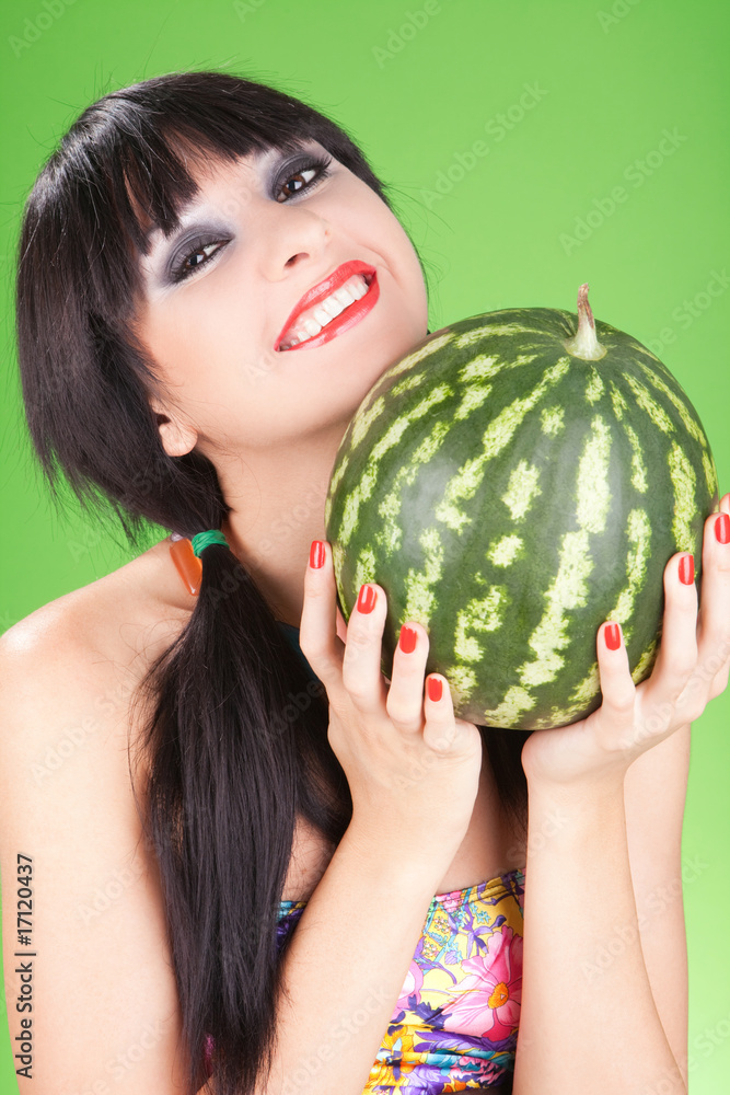 fashion woman with watermelon on the green background fashion woman with watermelon on the green background