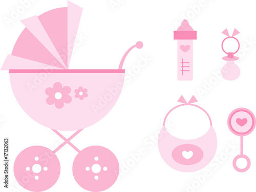 Clipart-Set: Kinderwagen und Baby-Accessoires (rosa/pink)