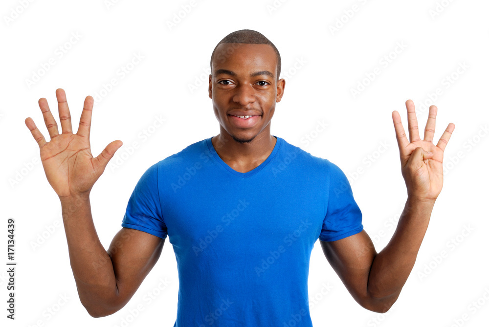 Young man counting to nine Young man counting to nine