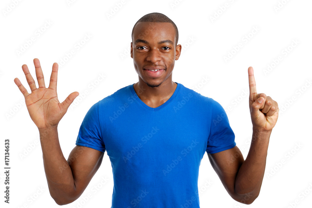 Young man counting to six Young man counting to six