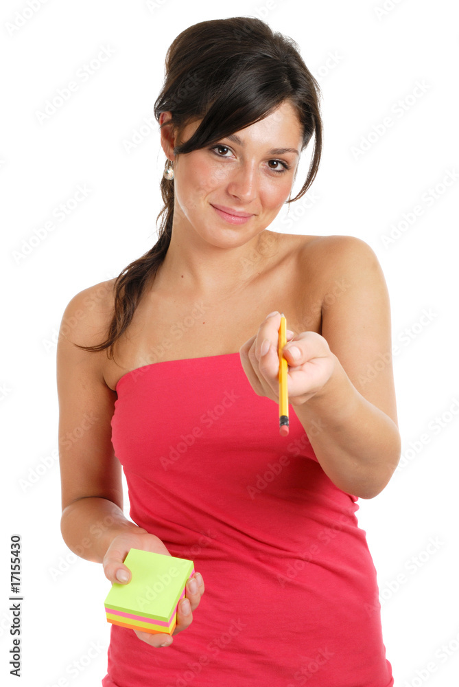 Female student offering pencil and post its Female student offering pencil and post its