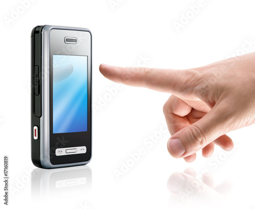 touch screen mobile phone and finger, isolated on white