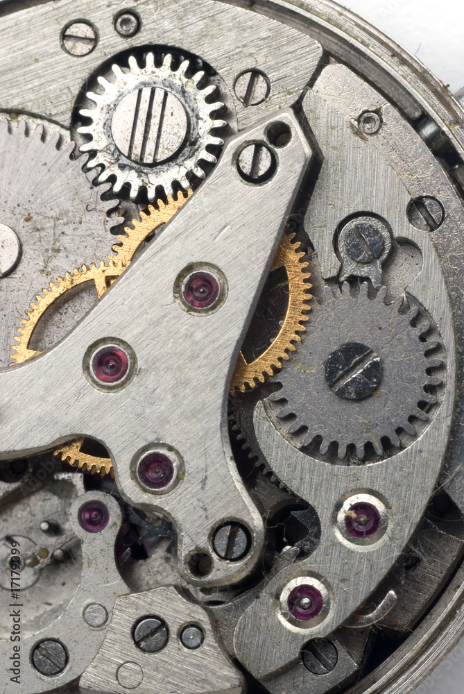 Old grungy wristwatch clockwork close-up