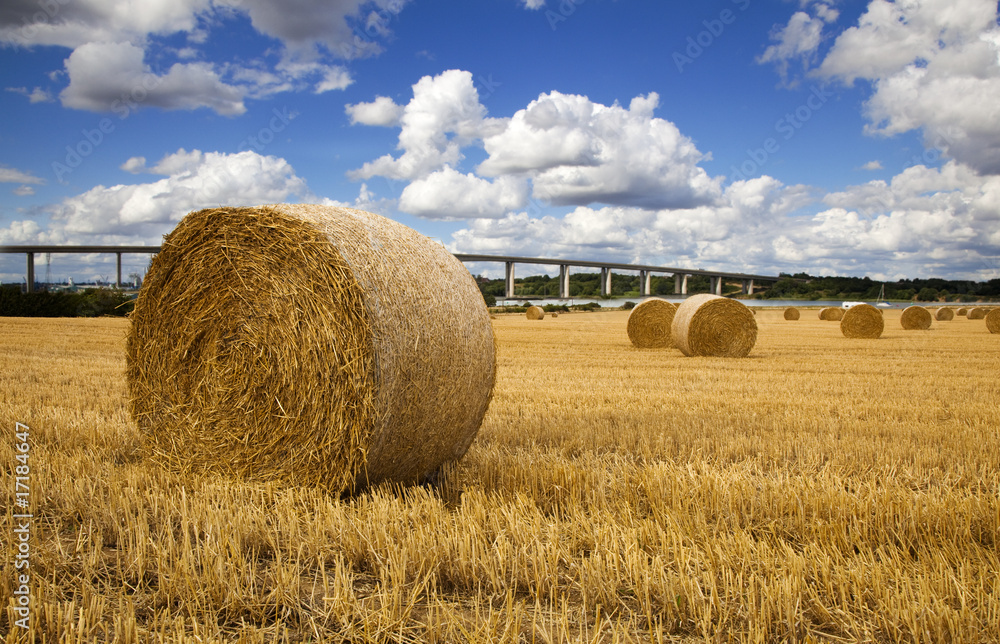 Straw bales with river and bridge in the Background