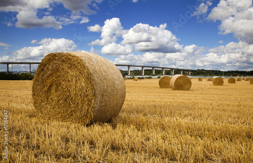 Straw bales with river and bridge in the Background