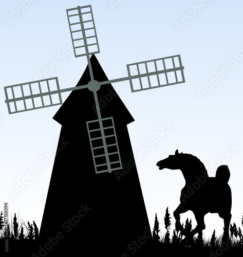 Illustration of horse and windmill