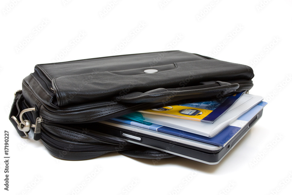 Black leather computer bag with laptop and folders Black leather computer bag with laptop and folders