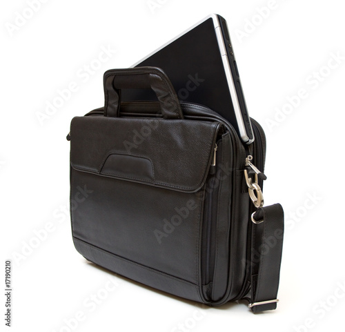 Black leather computer bag with laptop