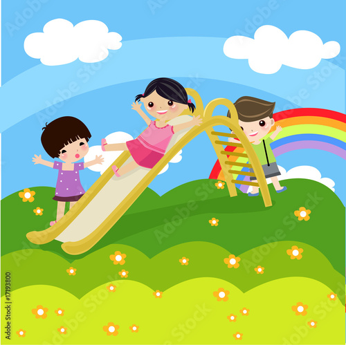 three children playing on elephant