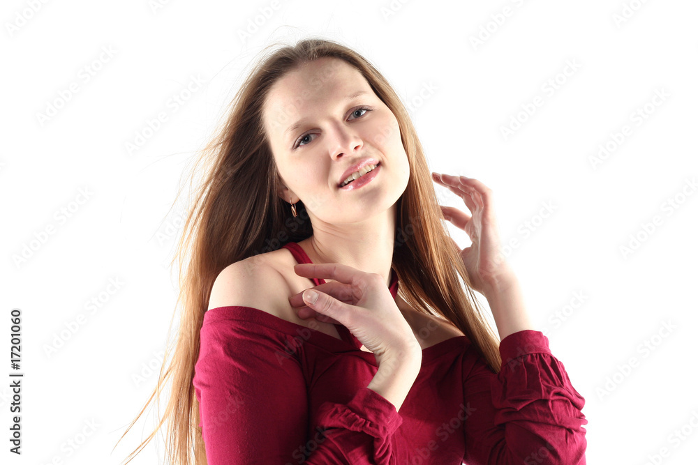 Portrait of young woman with long hair isolated