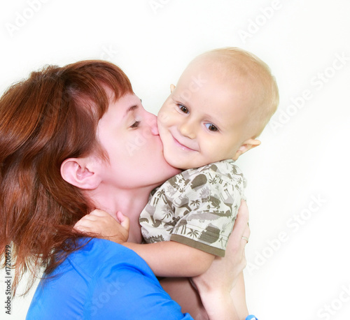 loving mother and son over white portrait