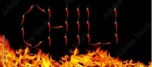 Chili sign made of chili peppers on flaming background