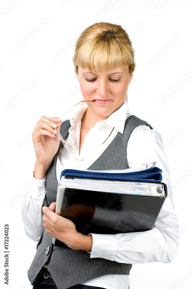Young woman with glasses looking at documents Young woman with glasses looking at documents