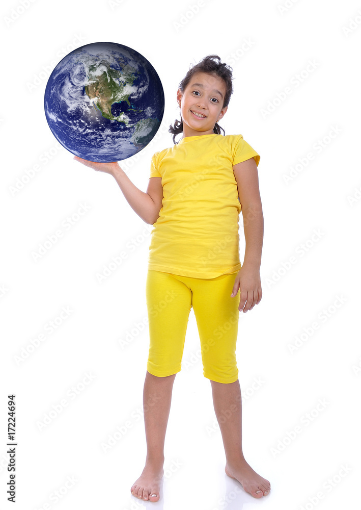 Little beautiful girl in yellow with Earth ih hand Little beautiful girl in yellow with Earth ih hand