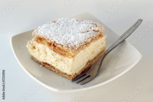 tasty cream-pie with sugar powder