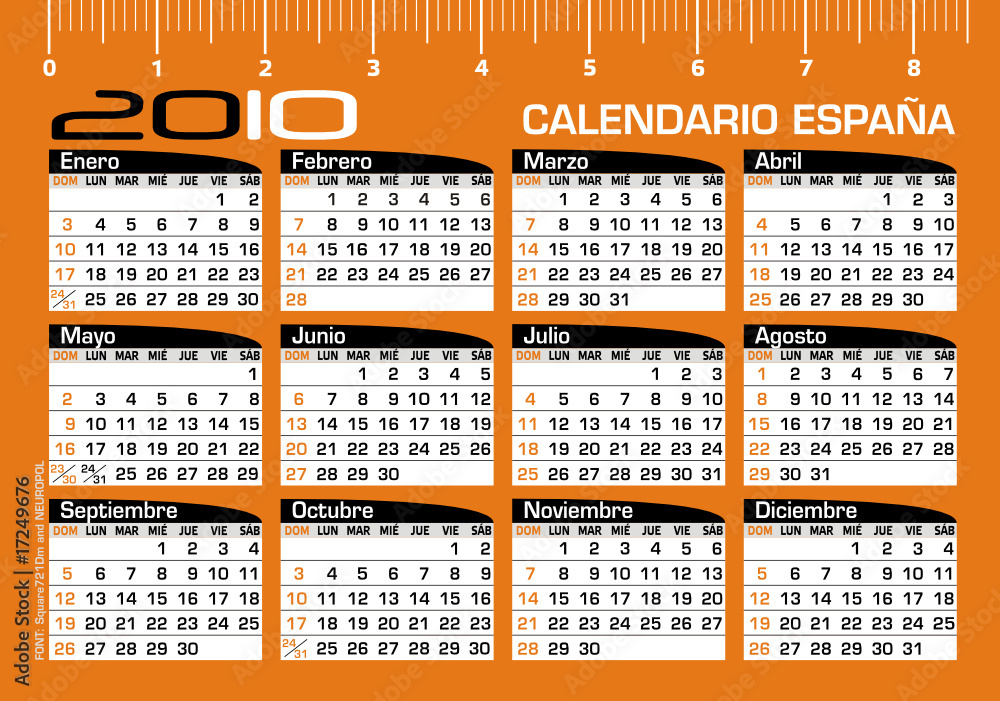 Calendário 2010 - Year 2010 - Calendar - España vector de Stock | Adobe  Stock