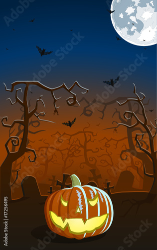 Vector illustration of scary pumpkin on the grave