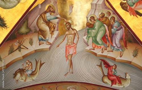 Leinwand Poster Fresco of Epiphany (Baptism) at Mount Tabor