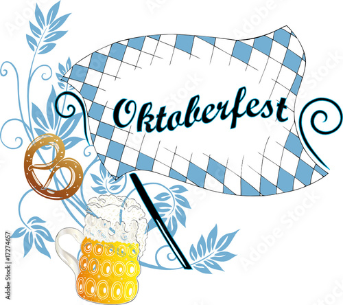 Oktoberfest, Fahne, Bayern, Brezel, Bier, Blätter, Laub