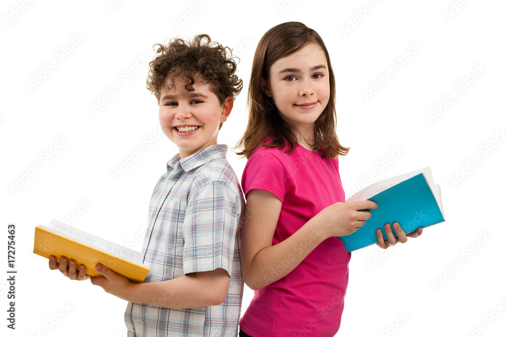 Students reading book isolated on white background Students reading book isolated on white background