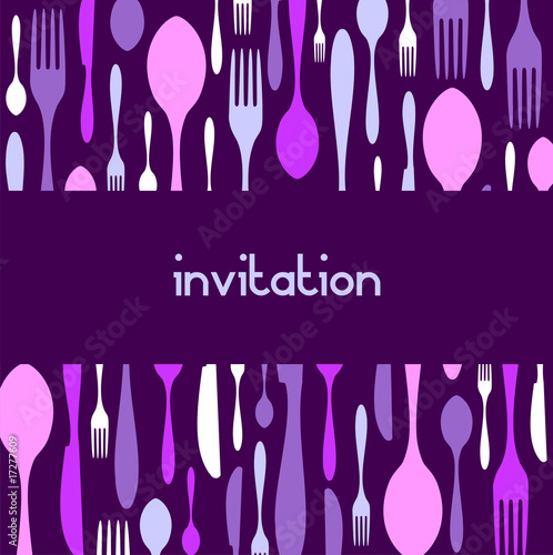 Cutlery pattern invitation. Violet background