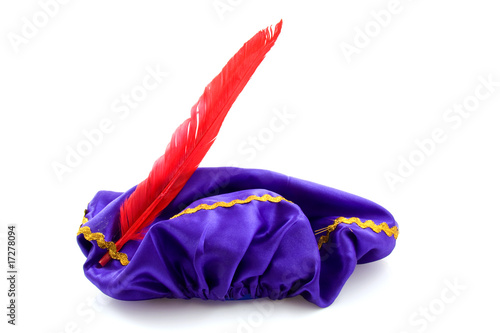 purple hat of Zwarte Piet over white background
