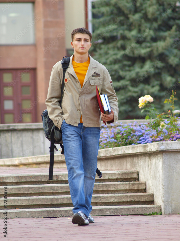 Obraz premium The walking student with books in hands