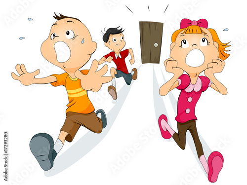 Scared Children running away from the door