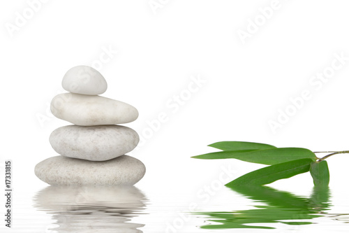 wellness still life  blades of bamboo with pebbles stacked