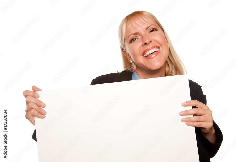 Fototapeta premium Attractive Blonde Holding Blank White Sign