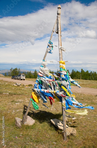 Buddhist prayer flags on mountain pass