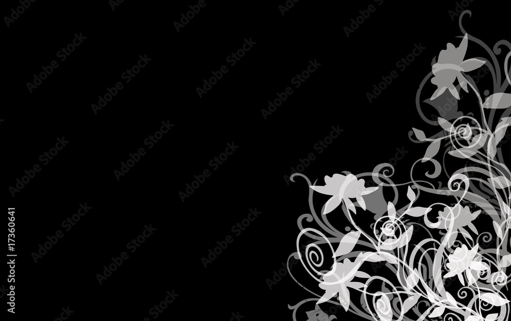 Roses blanches et volutes sur fond noir