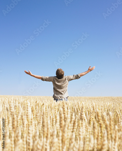 Man top of the world in wheat field © Morgan