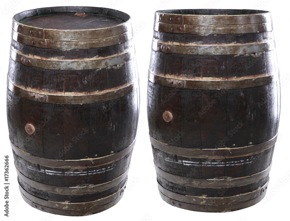 Fototapeta premium Two views of an isolated brewery barrle including clipping path