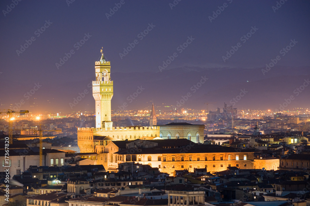 Florence, Night view of Palazzo Vecchio, Tuscany, Italy.