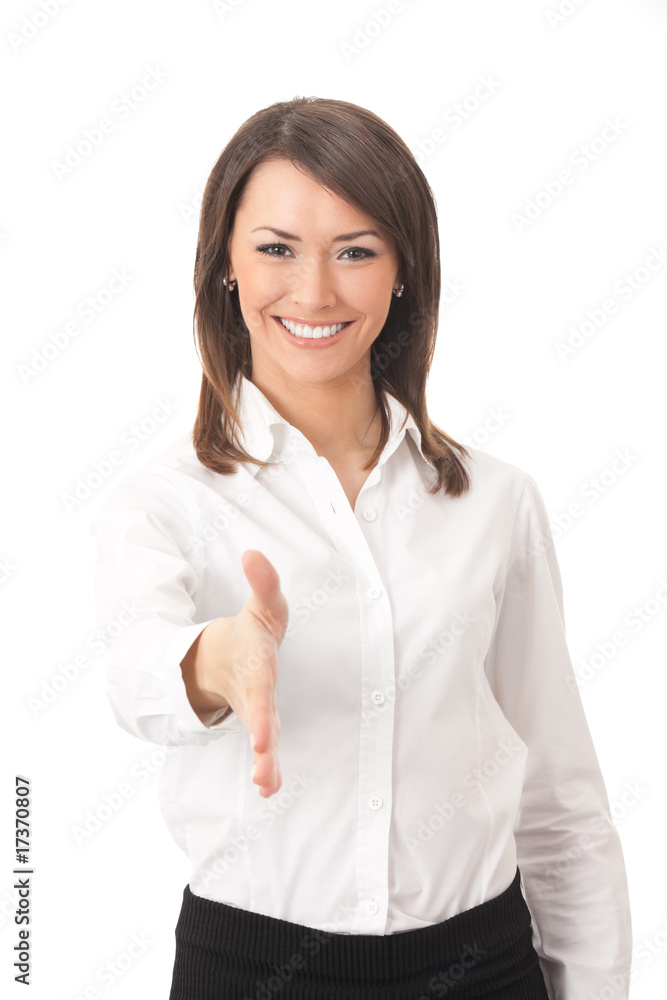 Young happy businesswoman giving hand for handshake Young happy businesswoman giving hand for handshake