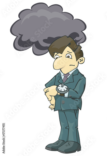 Businessman is looking at a sundial in cloudy weather