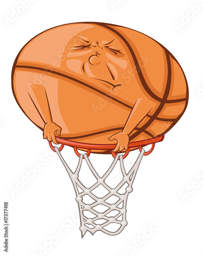 The fat ball is trying to get in the basketball basket.